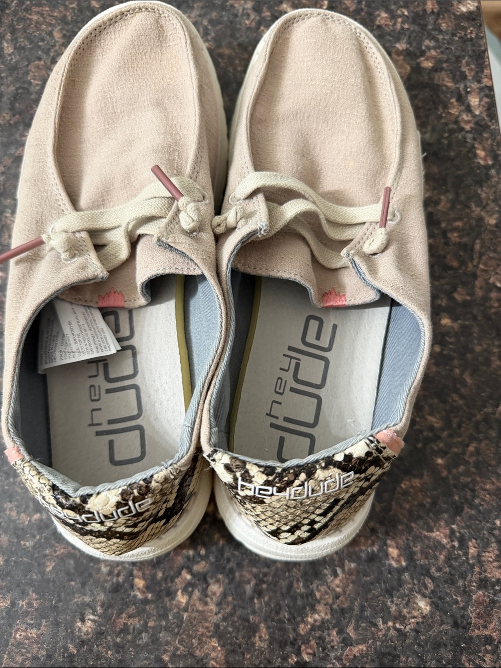Hey Dude Wendy Beige Canvas Slip-On Moccasins with Snake-Print Heel